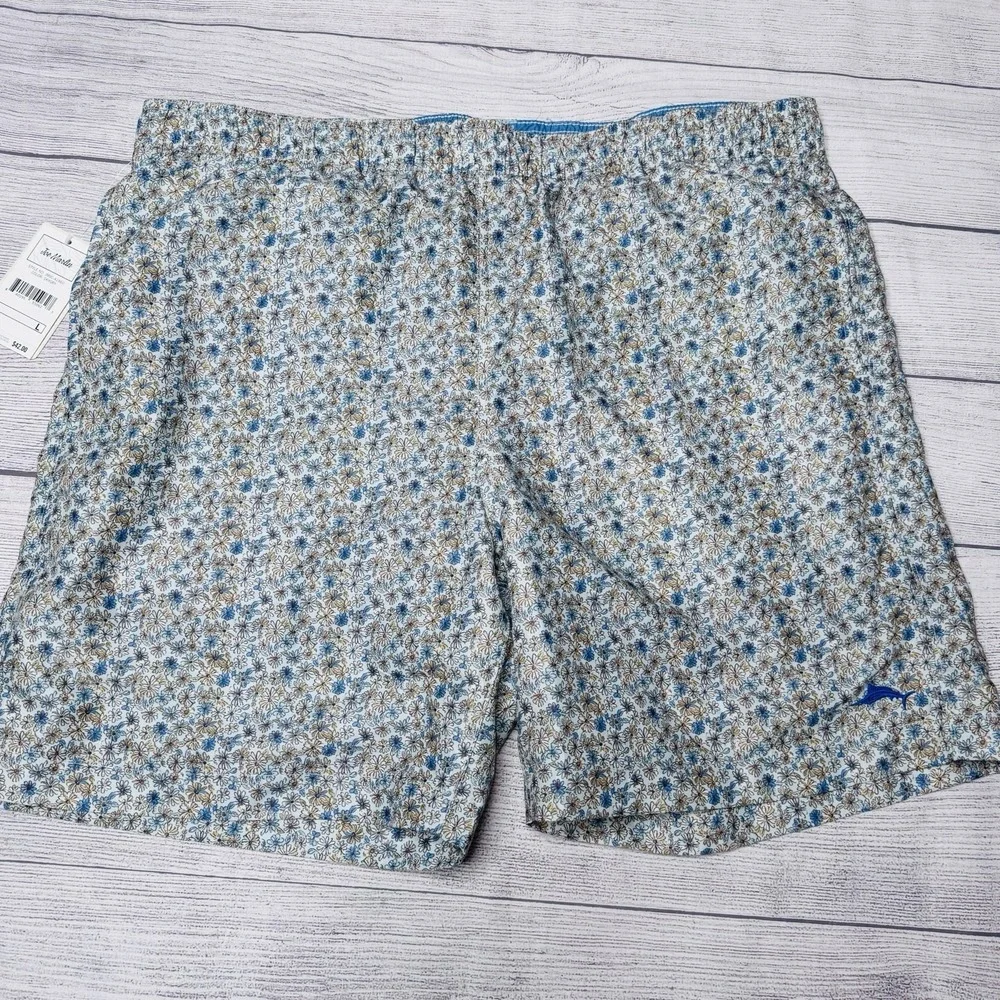 Joe Marlin Sky Gray Blue Brown Floral Lined Swim Trunk Men's Size Large NWT
